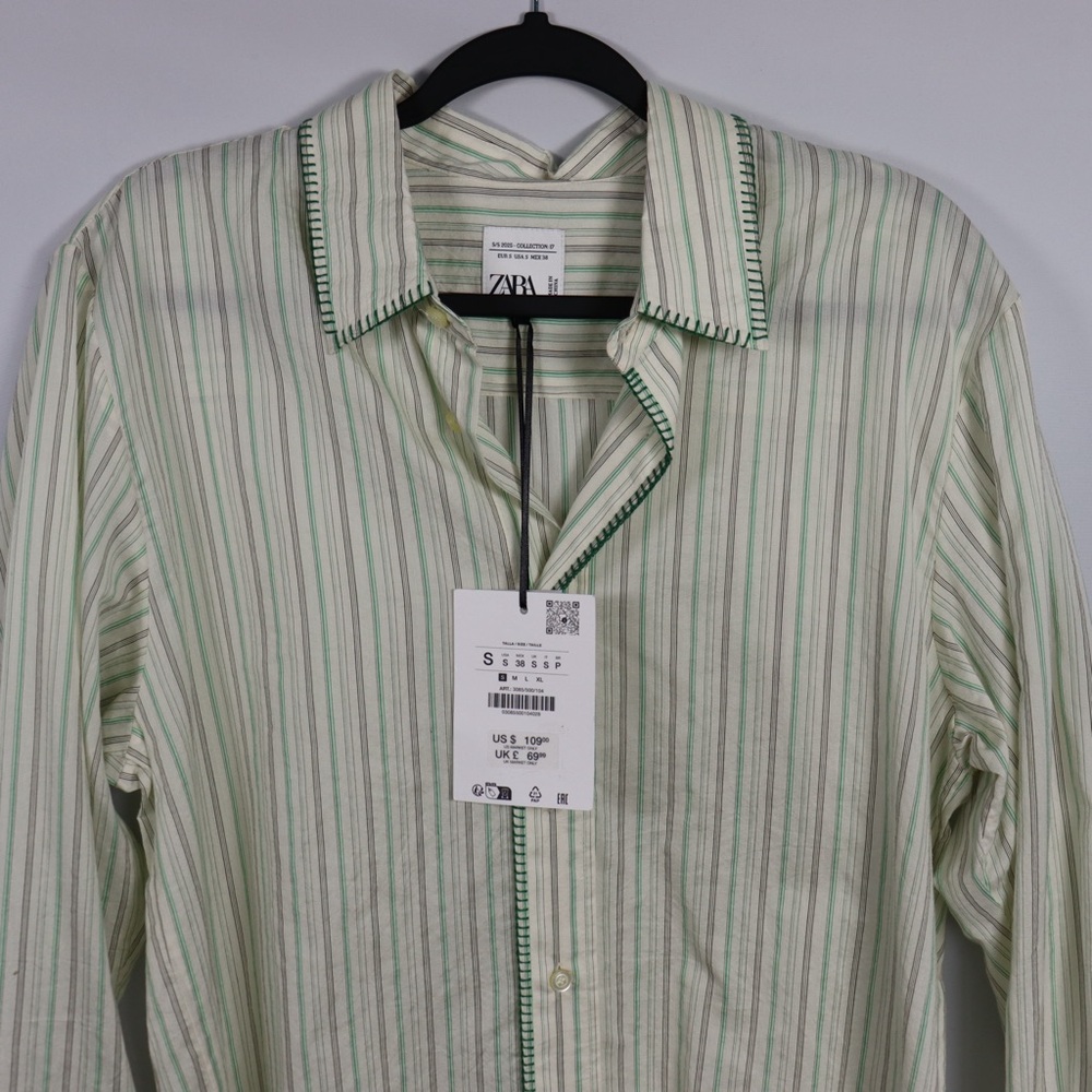 Zara Green Striped Button Up Shirt Men’s Small NWT Lightweight Casual - Picture 5 of 10